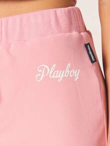 Missguided x Playboy 粉色迷你裙，饰有字母Logo系带，高腰罗纹休闲夏季裙 - 粉色 - 查看 6
