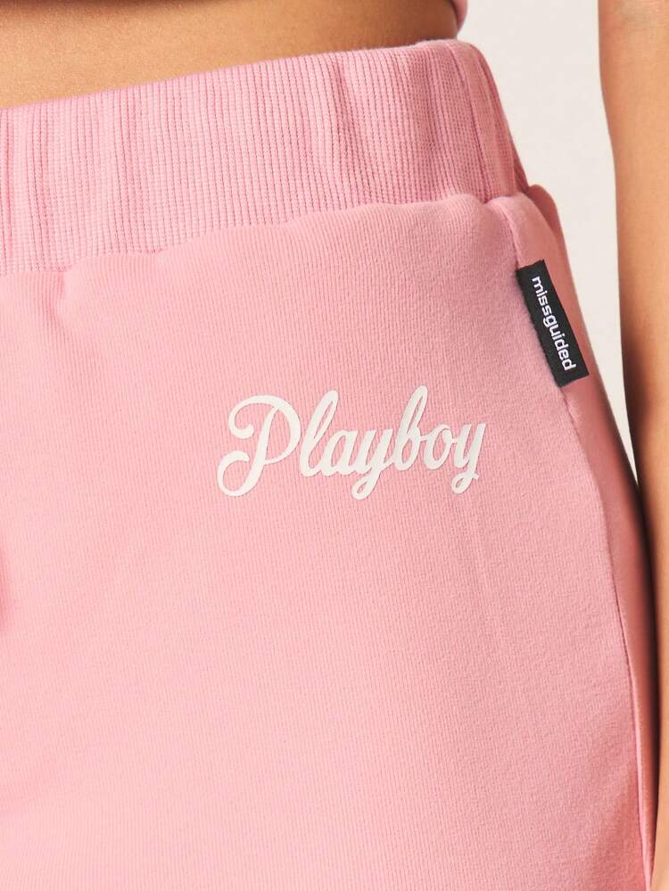 Missguided x Playboy Saia Curta Rosa com Detalhe de Laço com Logo em Estilo Caligráfico, Cintura Alta, Canelada, Casual de Verão