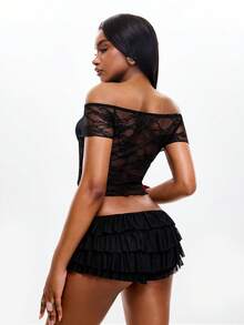 Coolane Women's Spring/Summer Chic Y2K Vacation Outfits Lace Stretchy Pink Mini T-Shirt - Black - View 2