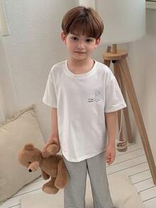 Dazy Kids Young Boy Cartoon Letter Print Round Neck Short Sleeve Top And Striped Pants Casual Loungewear Pajama Set - White - View 4