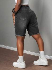 Slaydiva Women's Rhinestone Flame Pattern Frayed Hem Pocket Casual Bermuda Denim Shorts - Black - View 3