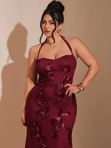 SHEIN BAE Đầm dạ hội dáng đuôi cá ôm sát, thanh lịch, cổ yếm, màu đỏ tía, chất liệu jacquard dành cho nữ, cỡ lớn. - Màu Đỏ Sâu - Xem 6