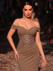 Glamrae Vestido elegante y lujoso con mangas bordadas con cuentas y lentejuelas, hombros descubiertos, empalme, elástico fruncido y bajo de sirena, adecuado para bodas, fiestas, vacaciones, galas y ocasiones formales (resistente) - Óxido marrón - Ver 9