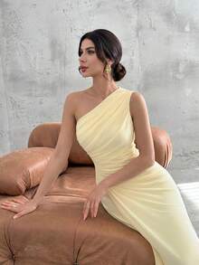 Firerie 女士优雅正式办公通勤休闲度假派对复古教师网纱纯色单肩腰部褶皱A字无袖长裙，浅黄色优雅派对连衣裙，女士优雅连衣裙 - 淡黃色 - 查看 8