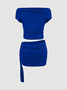 Zyxie Bộ đồ nữ gợi cảm gồm áo croptop và chân váy mini màu trơn, thích hợp cho mùa hè. - Màu xanh lam - Xem 2