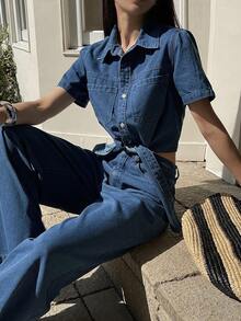 DAZY Conjunto de top con lazo y pantalones vaqueros casuales para mujer, vestido de invitada de boda de verano para mujer - Azul - Ver 11