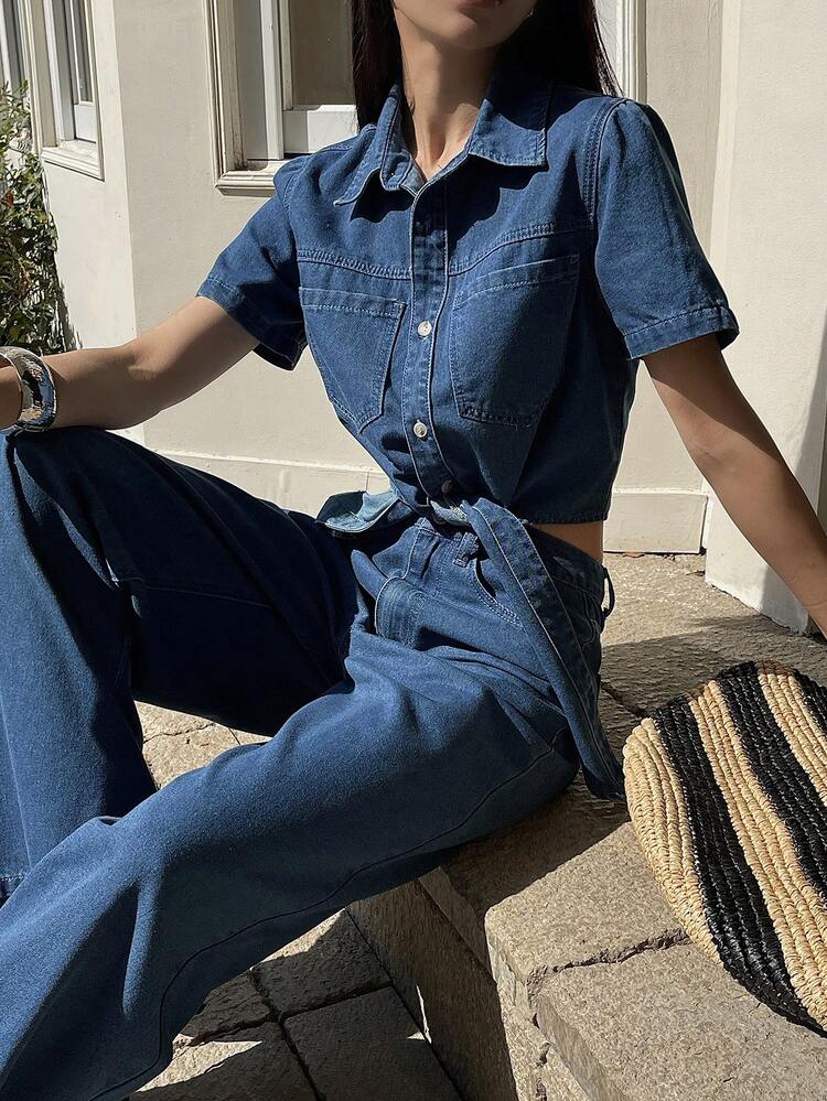 Women's Casual Tie-Up Top And Denim Pants Set, Summer,Wedding Guest Dress Women