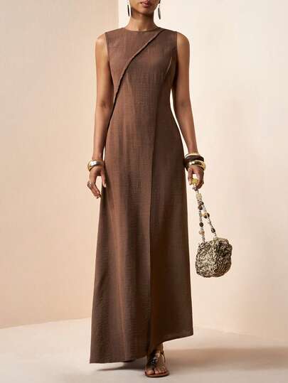 Zivah New Summer Casual Vacation Boho Brown Linen Loose-Fitting Patchwork Pleated A-Line Women Long Dress,Suitable For Everyday Wear, Travel, Vacations, Holidays, Beaches, Nomadic Looks, Western Vibes, Party, Festivals, Music Festivals, Airport Outfits, Brunch Outfits,Commuting,Lounging At Home-A