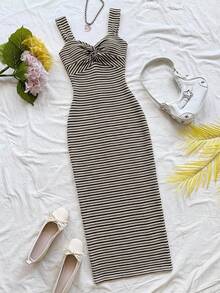 Soleia Women's Vacation Striped Twist Design Casual Spaghetti Strap Mid-Length Dress - Coffee - View 3