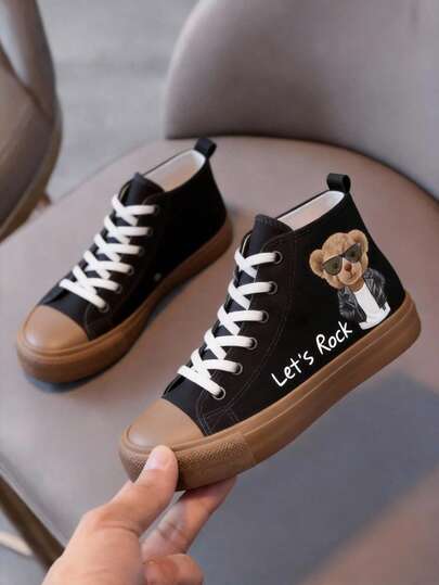 zapatillas de lona para niñas tipo botin negro blanco rojo con una figura de un gato color básicos be cool oso confort 100% lona excelente calidad 12 al 21 mx