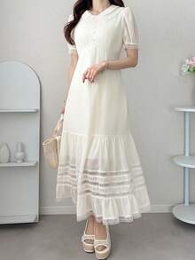 FRIFUL Women's Solid Color Patchwork Sheer Lace Ruffle Hem Fitted Casual Dress, Suitable For Spring And Summer Sundress - White - View 3