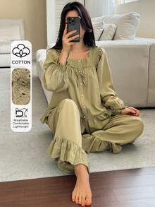 DAZY Sweet Square Collar Embroidered Lace Patchwork Ruffle Trim Women Pajama Set - Khaki - View 1