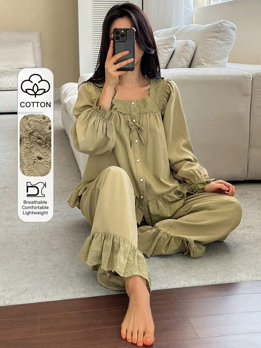 DAZY Sweet Square Collar Embroidered Lace Patchwork Ruffle Trim Women Pajama Set - Khaki - View 1