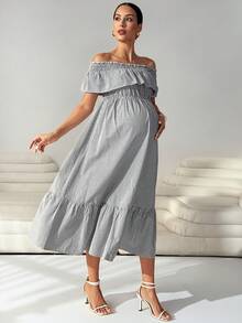 MaterniWear Schwangeren Frauen Off-Shoulder gestreiftes gerafftes modisches schickes Partytube-Kleid - Schwarz und Weiss - Übersicht 8