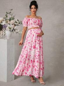 Momance Women's Elegant Printed Off Shoulder Camisole Top + Adjustable Waist Ruffle Hem Skirt Maternity 2-Piece Set - Multicolor - View 5