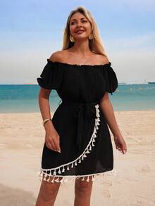 Swim Lushoire Women's Summer Beach Off Shoulder Bowknot Elastic Waist Patchwork Bohemian Tassel Trim Casual Vacation Dress - Black - View 3