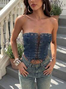 Aloruh Women's Sexy Denim Tube Top With Eyelet Lace-Up Design,Summer,Spring, Vacation, - Blue - View 2