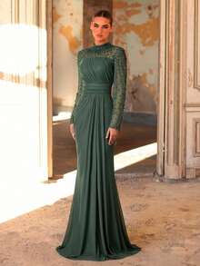 Aureia Elegant Luxurious Diamond Design Sheer Long Sleeve Ruched Mermaid Dress,Suitable For Weddings,Parties,Bridal,Mother Of The Bride,Evening Gowns - Green - View 6