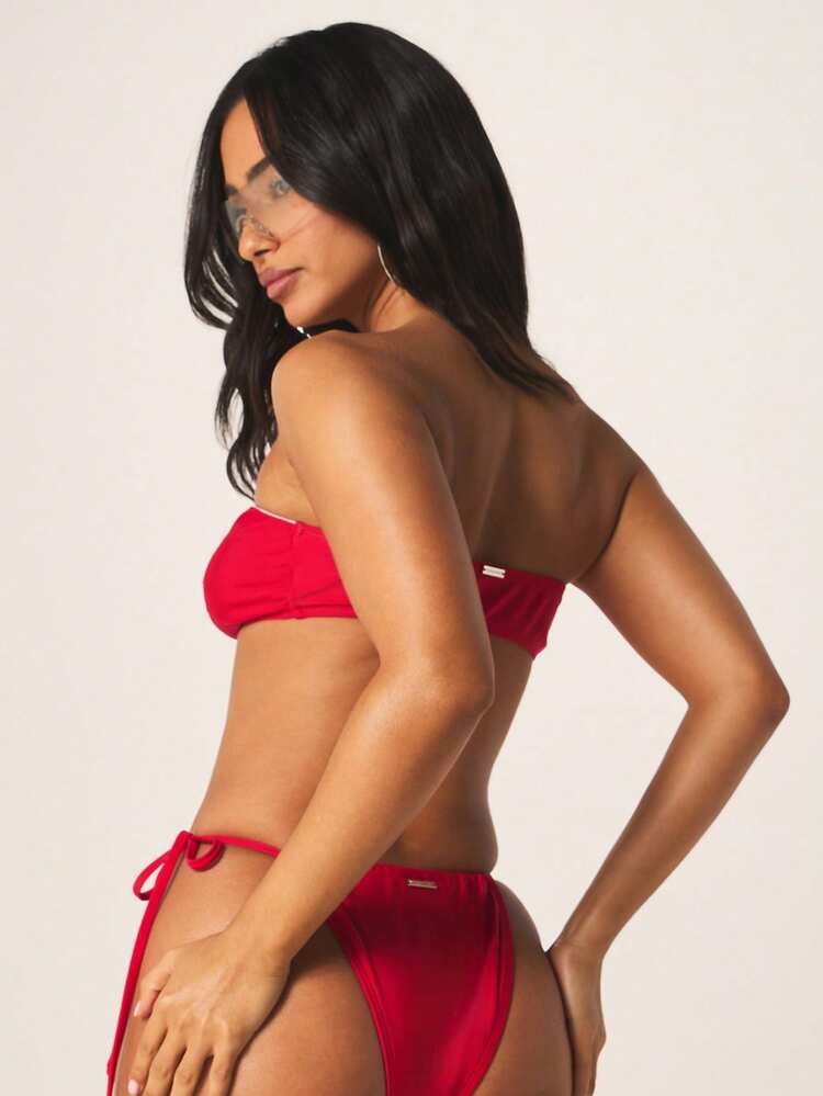 Missguided x Playboy Beach Women's Bandeau Bikini Set With Bunny Logo Front Tie Detail And Side Tie String Bottom Summer Swimwear