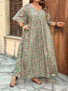 SHEIN CURVE+ Váy nữ dáng ôm US22, thích hợp cho lễ hội âm nhạc, kỳ nghỉ biển, phong cách bohemian, cổ chữ V, xếp ly, thích hợp mặc hàng ngày đi nghỉ mát. - Nhiều màu - Xem 7