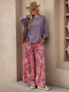 Wildy Conjunto básico de mujer de 2 piezas con camiseta holgada y pantalones, estilo BOHO, casual, americano, occidental, vintage, con patrón desgastado para uso diario en primavera/verano - Multicolor - Ver 5