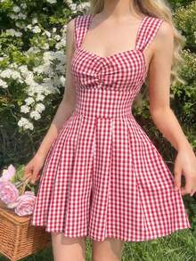 SHEIN MOD 女士休闲格子无袖连体裤，夏季 - 紅白色 - 查看 8