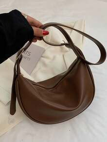 Arave Versatile Fashion Casual Distinctive Design Minimalist Solid Color Zipper Shoulder Saddle Bag, Large Capacity For Commuting - Brown - View 8