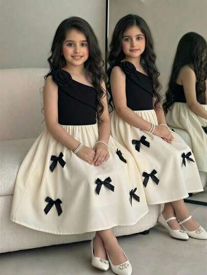 Vestido elegante para niñas preadolescentes con decoración de moño negro, sin mangas, cintura ceñida, falda acampanada, adecuado para ocasiones formales y festivales