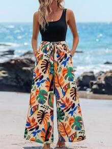 SHEIN LUNE 女士热带植物印花方领无袖阔腿连体裤 - 彩色 - 查看 4