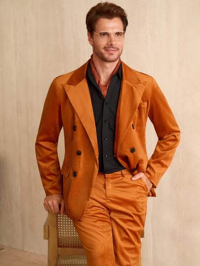Manfinity CityGents Herrkostymset med enfärgad, dubbelknäppt jacka och byxor, standkrage