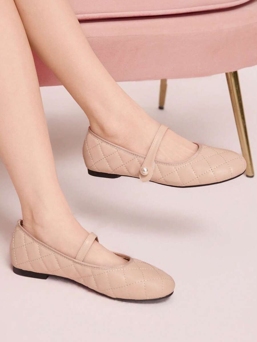 CUCCOO DOLLMOD Apricot Flat-Bottomed Commuter College Style Women's Fashion Simple Rhombus Pattern Shoes Women's Slip-On Versatile Ballet Shoes Mary Jane Spring Shoes - Pink - View 1