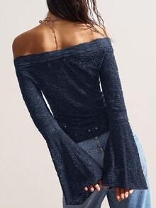 Bohemela 波西米亚复古休闲纯色针织蕾丝露肩喇叭袖修身女式上衣 - 藏蓝色 - 查看 8