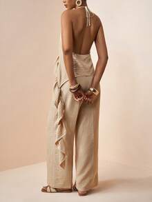 Zivah 2026 Vacation Casual Ruffled Hem Elegant Halter Top And Pants Set - Khaki - View 2