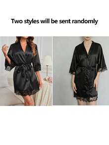 SHEIN Satin Women's Robe With Lace Trim, Bridal Bathrobe Bridesmaid Gift, Lace Lace Pajama Lace Up Casual Bathrobe, Summer Bathrobe, Seasonal Bathrobe Back To School - Black - View 11