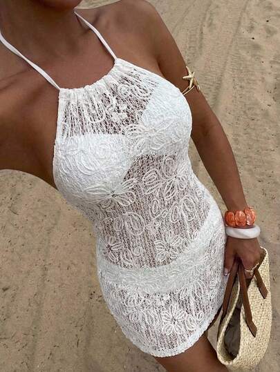 Opulessa Women's Solid Color Textured Backless Halter Neck Cover Up For Beach/Resort,Beach,Beach Outfits For Women,Beach Set,Going Out,Vacation,Vacation Outfits Women,Holiday,Summer,Summer Clothes,Summer Outfits For Women,Party ,Going Out,Going Out Outfits,Casual,Elegant,Y2k,Flower, Floral Dress,White ,White Dress,Pink Dress