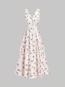 Skyraze 70年代复古印花中长连衣裙，彼得潘领，纽扣前襟，收腰设计——杏色，女士春夏连衣裙，适合约会、派对、春假、度假、野餐、节日、生日等场合。 - 杏色 - 查看 2