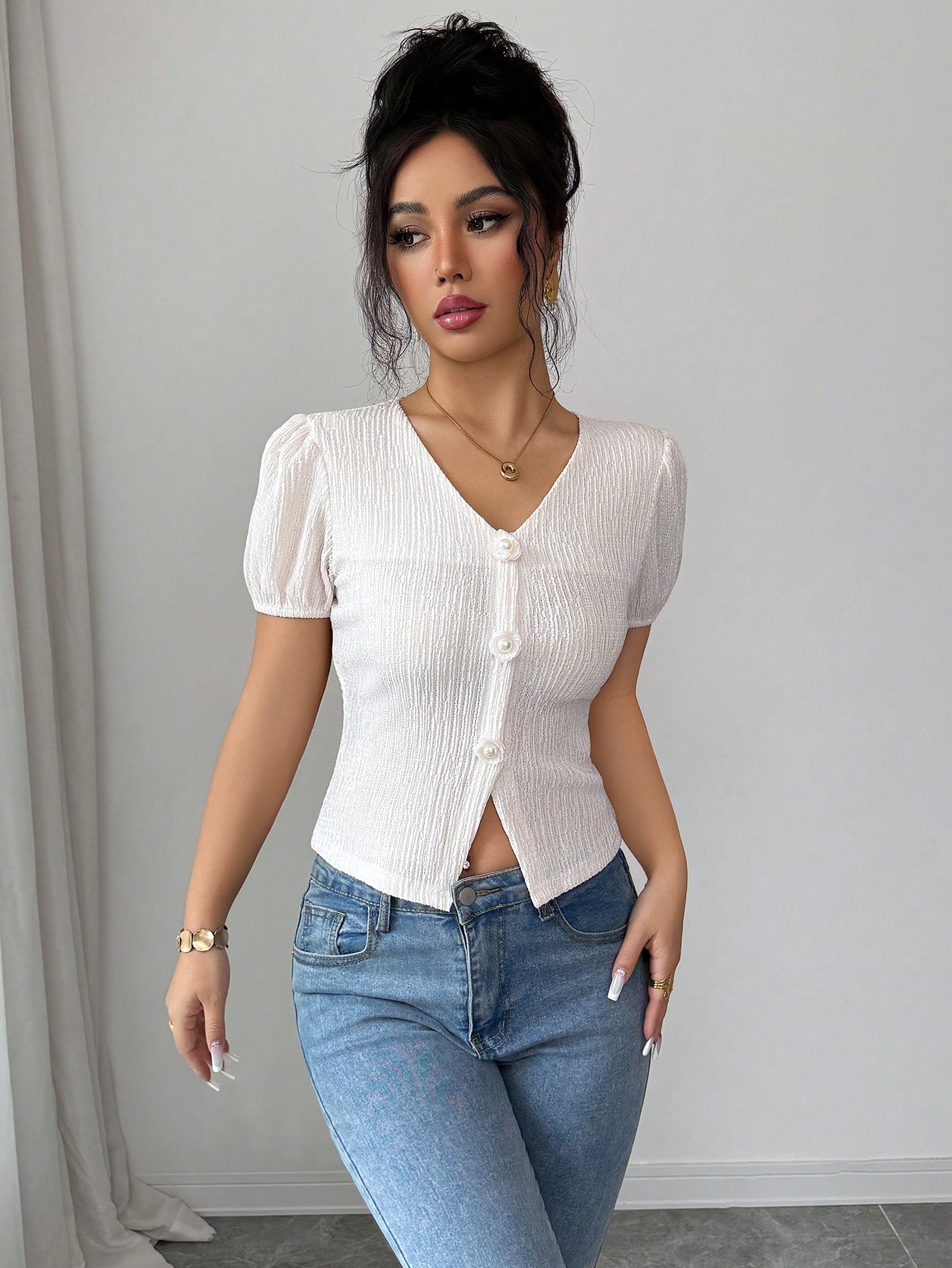 Elenzga تي شيرت بأكمام قصيرة منتفخة، ذو رقبة على ش...