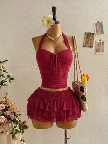 Soleia Chân váy xếp ly nhiều tầng bằng vải chiffon lãng mạn dành cho nữ, thích hợp cho kỳ nghỉ biển, dạo chơi, gợi cảm và hẹn hò vào mùa xuân/hè. - Màu Đỏ Sâu - Xem 4