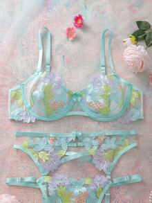 Conjunto de sujetador y ropa interior de encaje con bordado floral de primavera, diseño de tirantes calados + conjunto de 3 piezas con bragas sexy y liguero - Verde - Ver 6