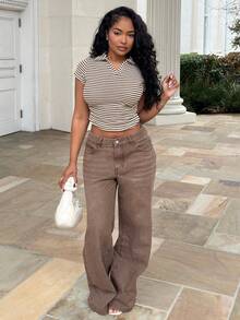 Alexandranx 女款 V 领短袖 T 恤，夏季修身短款露肩 Polo 衫 - 咖啡棕 - 查看 1