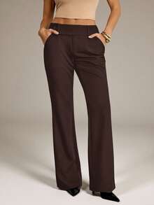 SHEIN Tall Quần nữ cạp thấp màu trơn, quần đen - màu nâu - Xem 7