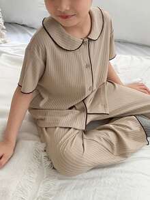 Dazy Kids Young Boy Mandarin Collar Short Sleeve Single-Breasted Top And Pants Pajama Set - Khaki - View 8