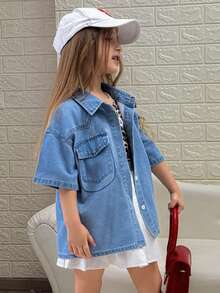DAZY Young Girls Turndown Collar Short Sleeve Casual Denim Jacket And Coat, Fall Outfit - Blue - View 6
