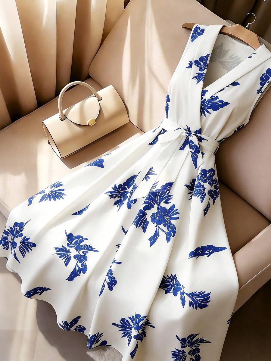 Franclia Đầm maxi dài màu xanh hoa văn, kiểu Pháp, giản dị, tối giản, cổ chữ V, không tay, có thắt lưng, ôm dáng, dành cho nữ, thích hợp mặc mùa hè. - trắng - Xem 1