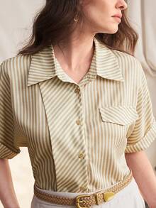 Zovinel Women's Blue And White Striped Short Sleeve Shirt Blouse,Summer Elegant Retro Design Sense Professional Work Top For Office,Brunch,Vacation,Fashion - Multicolor - View 7