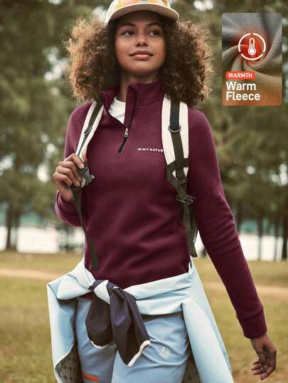In My Nature Women's Letter Pattern Half-Zip High Neck Warm Fleece Outdoor Jacket, Autumn/Winter