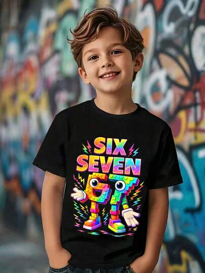 SHEIN Young Boy New Casual Minimalist Y2K Style Numeric 67, Six&Seven, English Letter Print, Sports Vibe, Loose Comfortable Short Sleeve Round Neck T-Shirt,Kids