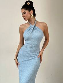 Firerie 女士优雅婚礼季派对连衣裙，蓝色纹理收腰紧身修身长裙，露背吊带修身连衣裙，适合度假、下午茶、海滩等场合。 - 淺藍色 - 查看 6