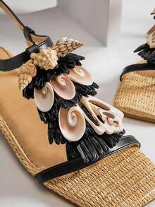 SHUZIA Women's Casual Comfortable Seashell Embellished Flat Sandals - Black - View 6
