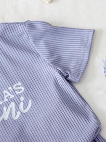 年輕女孩字母圖案短袖T恤和短褲 - 紫色 - 查看 5